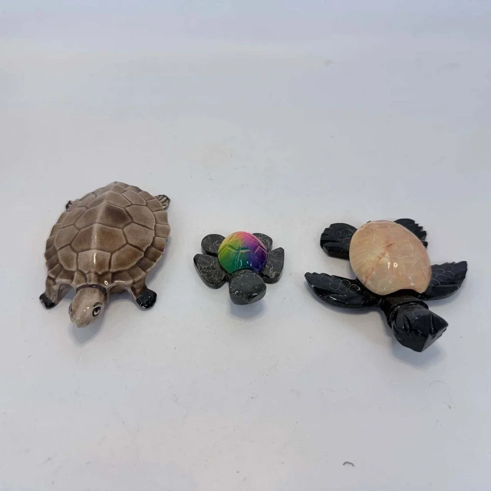 Set of 3 Turtle Figurines Ceramic and Hand Carved Stone Ecuador Rainbow Shell
